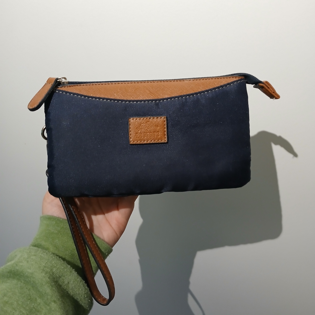 Roots Navy And Brown Nylon Wristlet Clutch Wallet